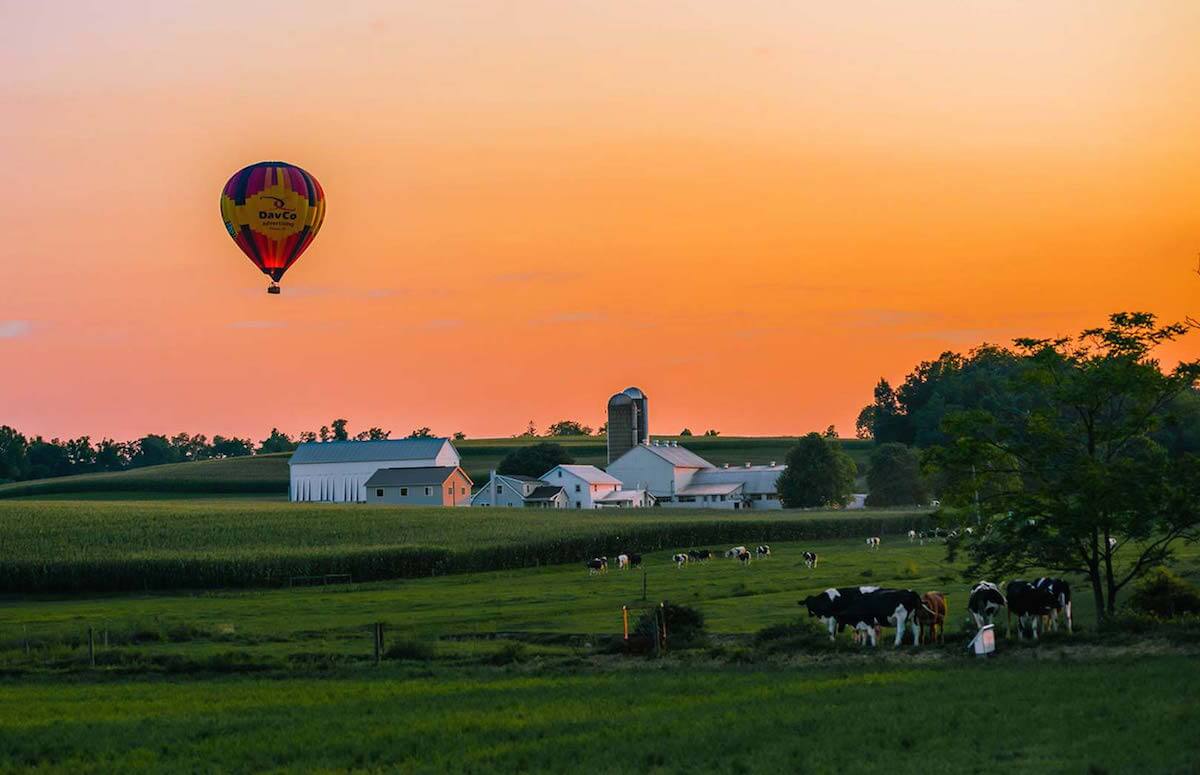 Lancaster county Pennsylvania countryside with hot air balloon